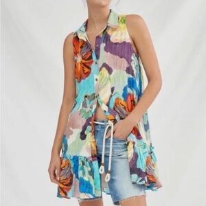Anthropologie Maeve Zola paint flower button front tunic shirt dress M